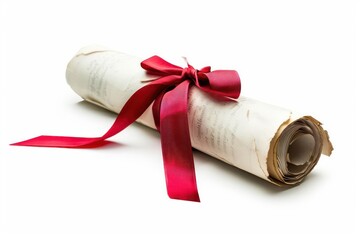 A rolledup legal document tied with a red ribbon isolated on a white background