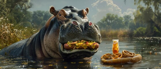 Obraz premium A hippo enjoying a hotdog, with extra paws holding pretzels and a soda at a riverbank