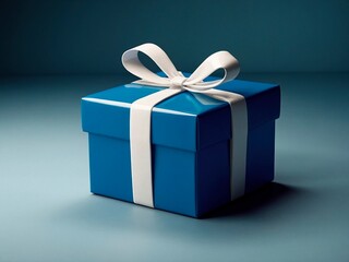Obraz premium Beautiful 3d render of a blue gift box with white ribbon bow on a light blue cyan background. Anniversary birthday christmas holiday celebration surprise present illustration concept.