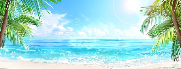 Idyllic Tropical Summer Beach with Palm Trees and Blue Sea under a Sunny Sky - Perfect for Vacation Travel Posters and Greeting Cards
