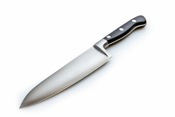 A sharp chefs knife with a polished blade and ergonomic handle isolated on a white background