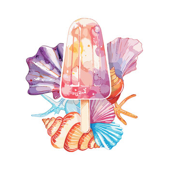 recommend clip art: A cute summer popsicle with seashells and starfish, clipart style, pastel colors, white background, watercolor illustration