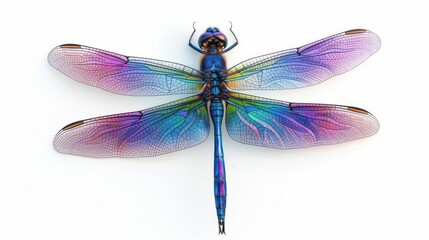 A sleek dragonfly with elongated body and iridescent wings isolated on a white background