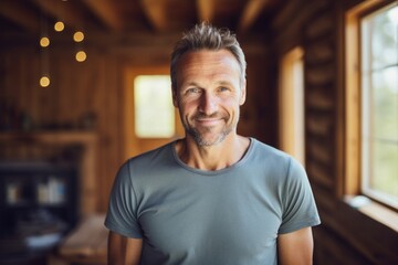 Obraz premium Portrait of a joyful man in his 40s dressed in a casual t-shirt while standing against scandinavian-style interior background