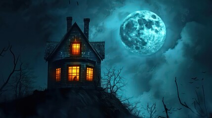 A spooky Halloween banner background featuring a haunted house silhouette with glowing windows and a full moon