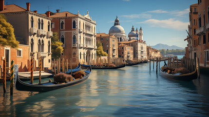 Traditional gondolas glide along Venetian water canals in Venice, a picturesque tourist destination. Gondoliers ferry tourists on the iconic Grand Canal of Venice, Italy.