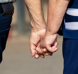 Close-up of grandmother holding grandfather's hand