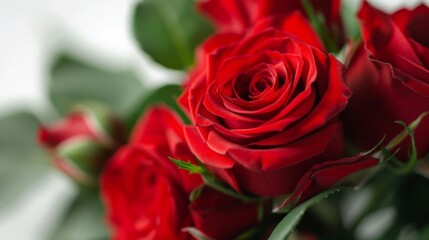 Beautiful red roses with green leaves in a close-up view