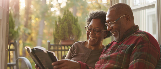 A joyful elderly couple sits together, sharing a book by the window, basking in the gentle sunlight and enjoying a moment of togetherness.