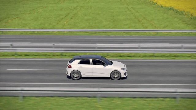 Generic autonomous electric car driving along highway through countryside with lush fields, solar panels and wind turbines in background. Renewable energy concept. 3d rendering animation