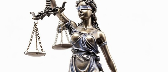 A statute of Lady Justice holding a sword and scales isolated on a white background