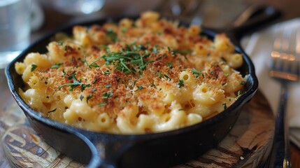 Creamy Mac Delight Creamy Mac A steaming bowl of creamy baked macaroni and cheese, topped with golden breadcrumbs and fresh herbs, served in a cast-iron skillet, perfect for comfort dining.