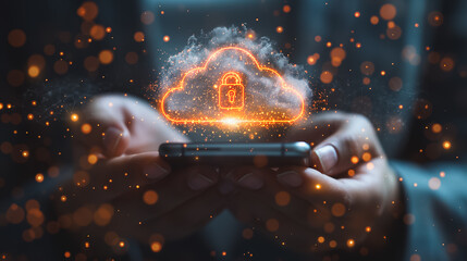 A person is holding a cell phone with a cloud and a lock on it. Concept of security and protection, as the lock symbolizes a secure connection