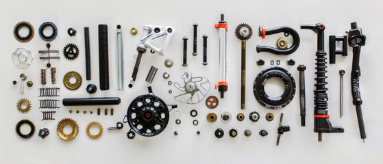 An array of various mechanical parts laid out meticulously on a white background, illustrating precision and engineering.