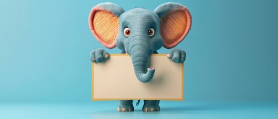 A smiling elephant holding a large blank white sign looking at the bright background, ideal for customization