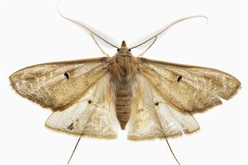 Obraz premium A subtle moth with fuzzy antennae and muted wing colors isolated on a white background