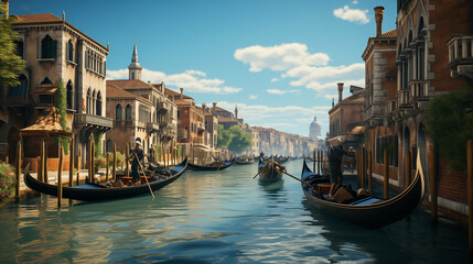 Obraz premium Traditional gondolas glide along Venetian water canals in Venice, a picturesque tourist destination. Gondoliers ferry tourists on the iconic Grand Canal of Venice, Italy.