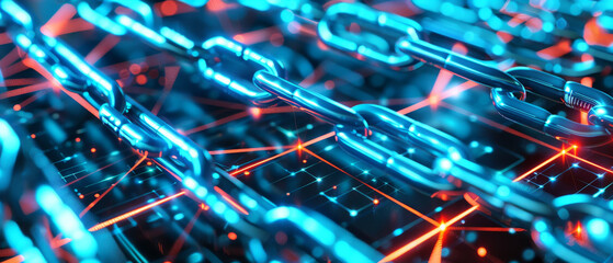 Illuminated chains intertwine over a matrix of glowing nodes, symbolizing interconnected data and futuristic blockchain technology.