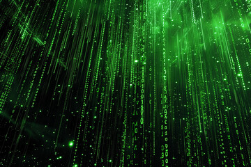 An image showcasing a vibrant green and black background with numerous intricate lines creating a visually captivating pattern, Digital code raining down in a matrix style,


