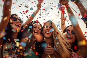 Group of friends at a summer festival throwing confetti in the air and laughing