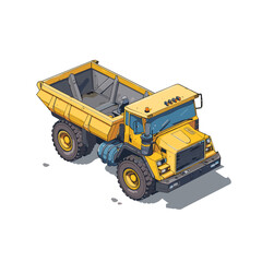 Naklejka premium artistic isometric icon of an yellow dump truck, white background, dark blue outlines