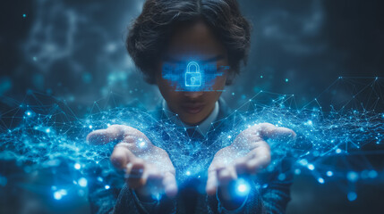 A woman is holding a blue screen with a lock on it. Concept of security and protection