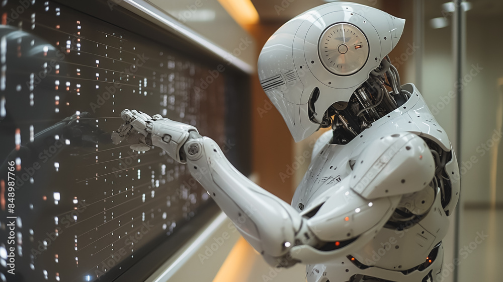 Poster a robot is touching a computer monitor with its hand
