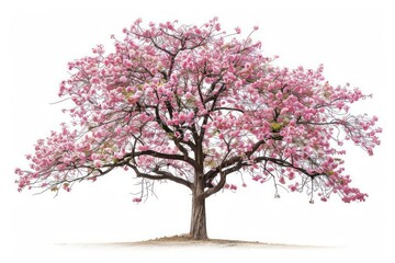 Fototapeta premium A vibrant cherry blossom tree in full bloom with delicate pink flowers isolated on a white background
