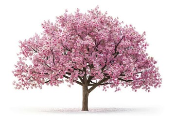 A vibrant cherry blossom tree in full bloom with delicate pink flowers isolated on a white background