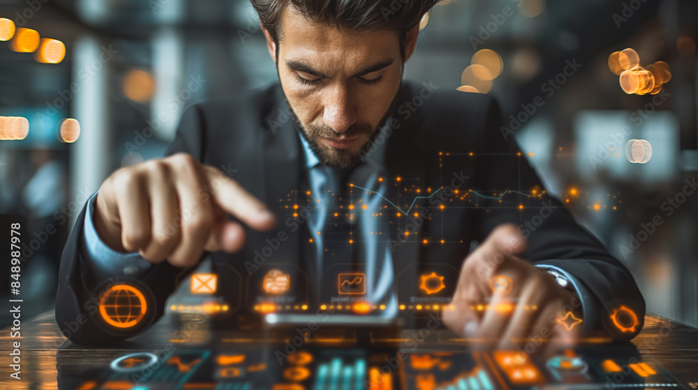 Poster a man in a suit is pointing at a screen with a lot of numbers and graphs. concept of focus and conce