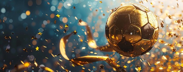 Golden soccer ball celebrating victory with falling confetti and ribbon on blue bokeh background