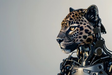 Captivating Leopard Inspired Cyborg Portrait on Colored Plain Background with Space for Text