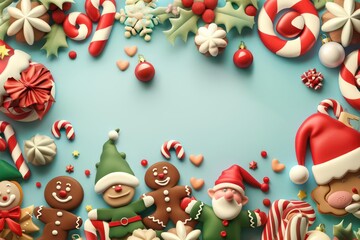 A whimsical Christmas banner with playful elves, gingerbread men, and festive holiday treats