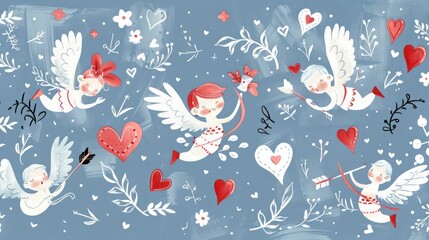 A whimsical Valentines Day background featuring cute cupids, arrows, and playful heart illustrations