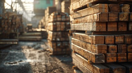 Stacked Wooden Beams in a Lumber Yard