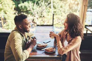 Happy, people and smile with food at restaurant for conversation, nutrition and romance together. Man, woman and couple in love with date at cafe for breakfast, beverage and bonding in morning