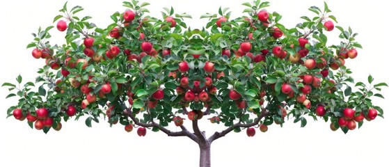 Obraz premium A young apple tree laden with bright red apples and fresh green leaves isolated on a white background