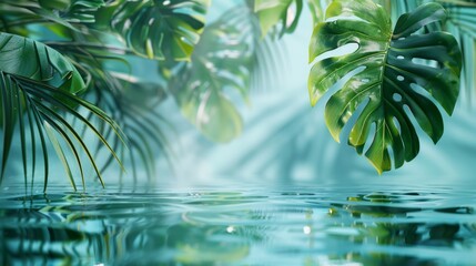 Tropical Paradise with Green Leaves and Water