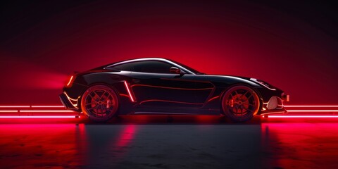Fototapeta premium A stylish black sports car shines under the red neon light, car marketing advertisement, sense of technology, HD wallpaper, background, generated by AI.