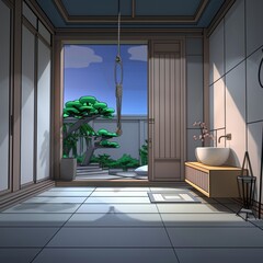 Japanese style bathroom interior design with a zen garden view