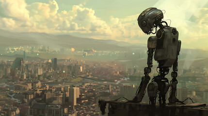 A robot stands on a rooftop overlooking a city