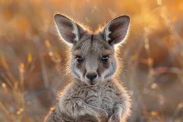 Fototapeta premium Baby Kangaroo: A tiny baby kangaroo, or joey, peeking out from its mother's pouch in the Australian outback.