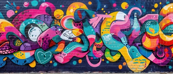Obraz premium Bright and colorful graffiti letters and characters on a large wall, highresolution details and vibrant urban energy