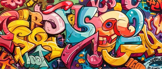 Bright and colorful graffiti letters and characters on a large wall, highresolution details and vibrant urban energy