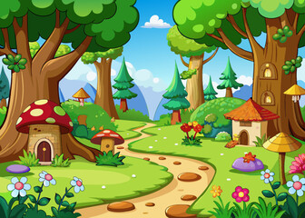 Cartoon fairy tale forest in summer or spring. 