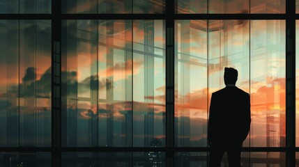 Silhouette of a person in a suit against sunset view