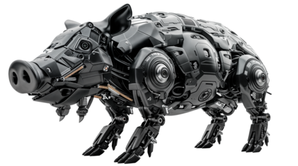 A mechanical black robot pig isolated on a transparent background