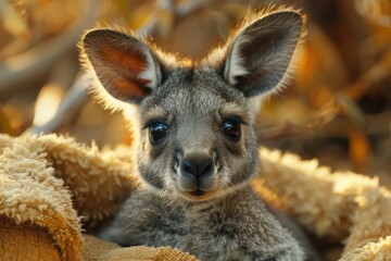 Fototapeta premium Baby Kangaroo: A tiny baby kangaroo, or joey, peeking out from its mother's pouch in the Australian outback.