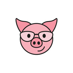 Cute pig with glasses. Front view. Colored vector isolated illustration on white background. Flat style and design.