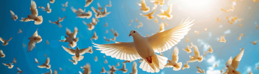 Fototapeta premium Beautiful white doves flying in sunlight, symbolizing peace and freedom.